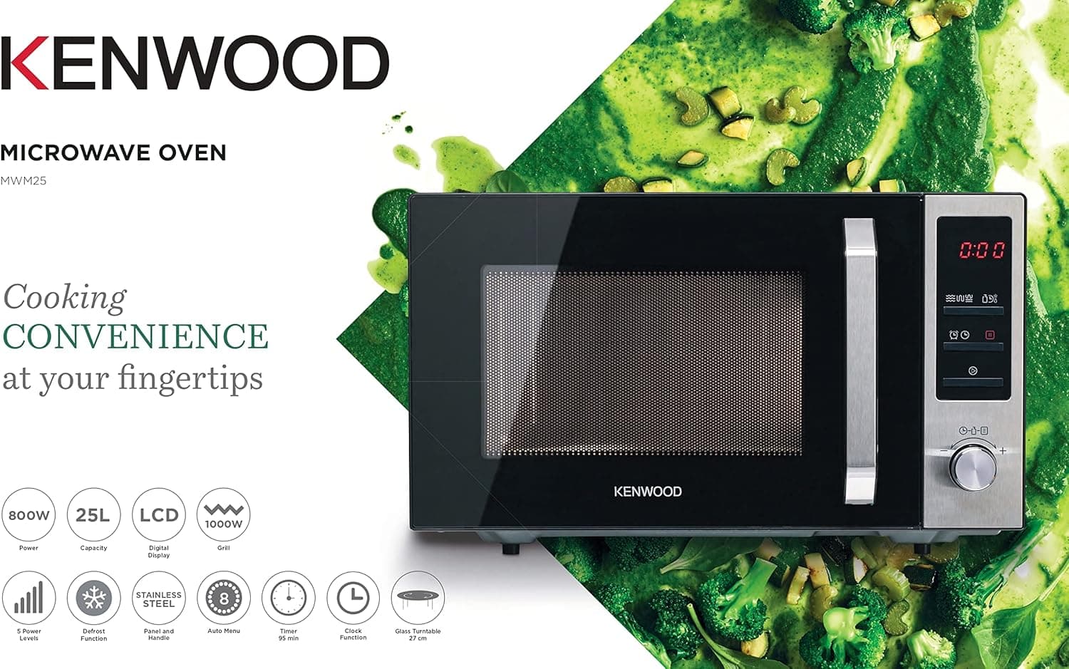 Kenwood Micro-ondes 25L avec Gril, 800W MWM25.000BK Noir/Argent
