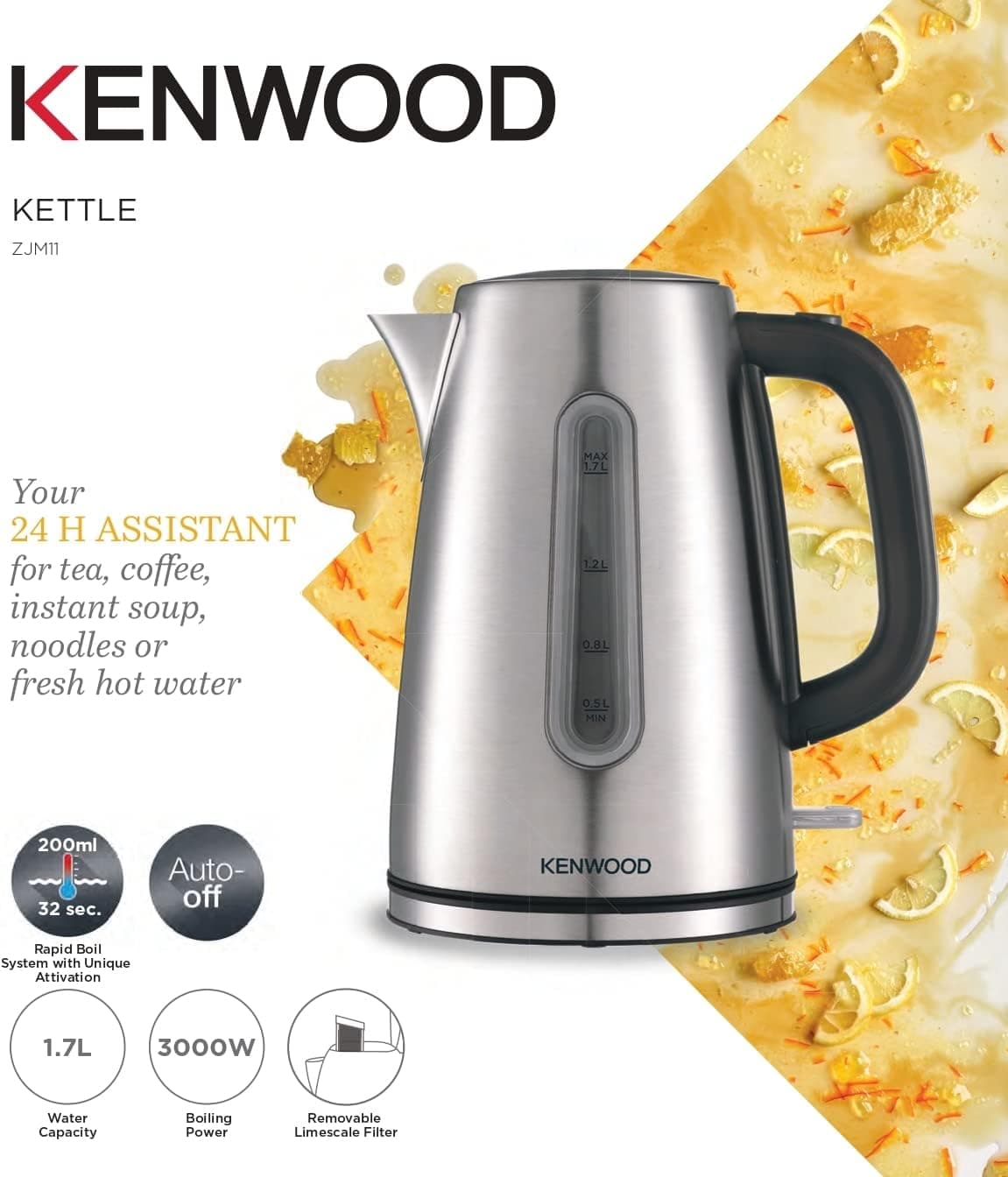Kenwood - Bouilloire électrique sans fil en acier inoxydable 1,7L 3000W
