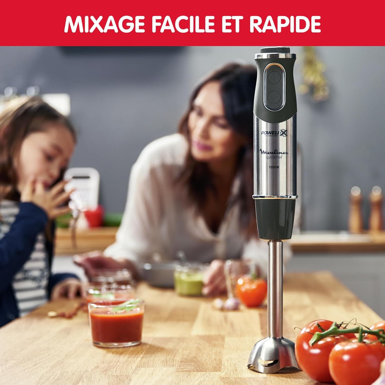 Mixeur plongeant Moulinex Quickchef DD655811 3-en-1 – 1000 W, 10 vitesses, Acier-inox / Noir